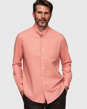 Camasa barbati in si bumbac Regular Fit cu guler tunica, Roz