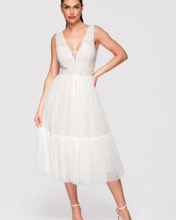Rochie Midi Evazata Dantela si Tul Rochie Eleganta de Cocktail, Alb