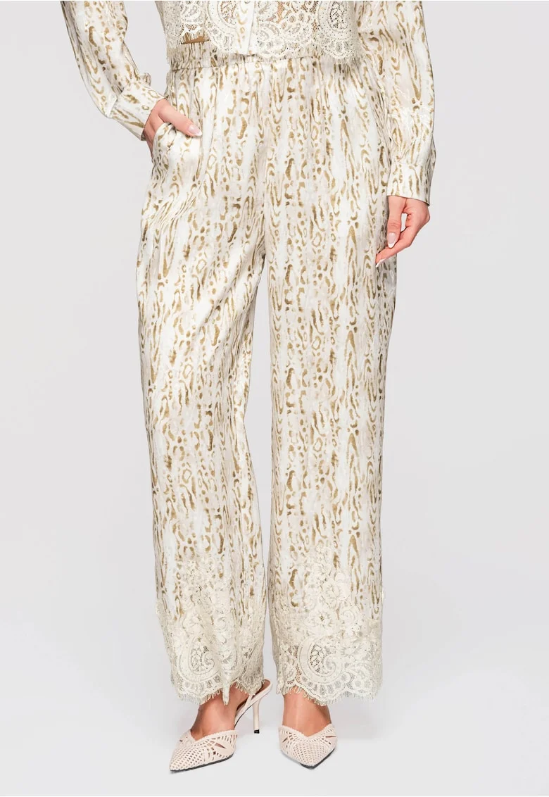 Pantaloni Lunga, Largi cu Talie Inalta si Imprimeu Animal, Eleganti si Confortabili, Bej