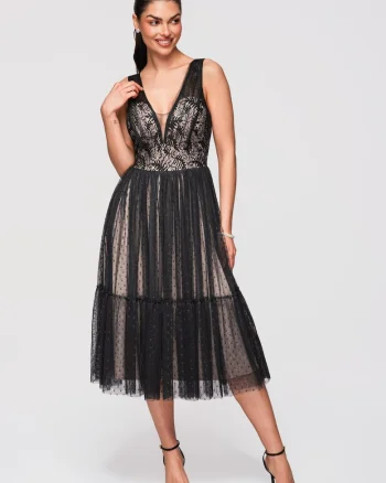 Rochie Midi Evazata Dantela si Tul Rochie Eleganta de Cocktail, Negru
