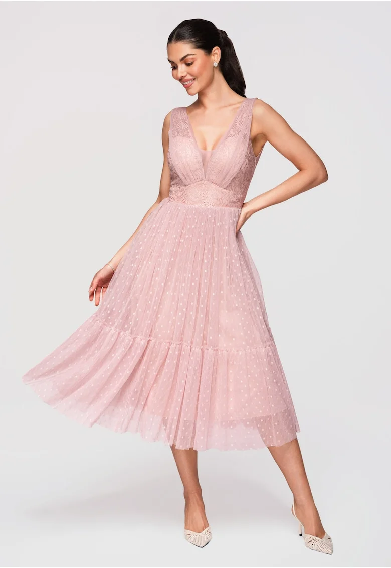 Rochie Midi Evazata Dantela si Tul Rochie Eleganta de Cocktail, Nude