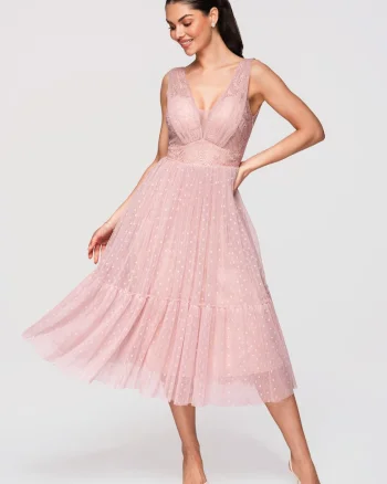 Rochie Midi Evazata Dantela si Tul Rochie Eleganta de Cocktail, Nude