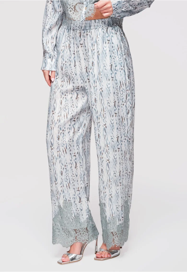 Pantaloni Lunga, Largi cu Talie Inalta si Imprimeu Animal, Eleganti si Confortabili, Albastru