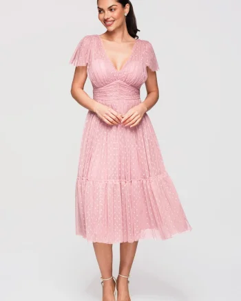 LARICA Rochie Midi Evazata, cu Decolteu in V si Tulle cu Model Delicat, Roz murdar