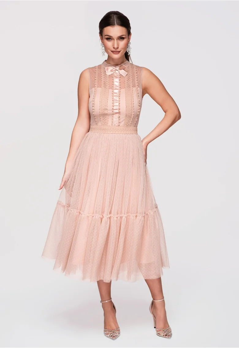 Rochie Midi Evazata cu Dantela si Guler Inalt, Rochie Eleganta de Ocazie, Nude