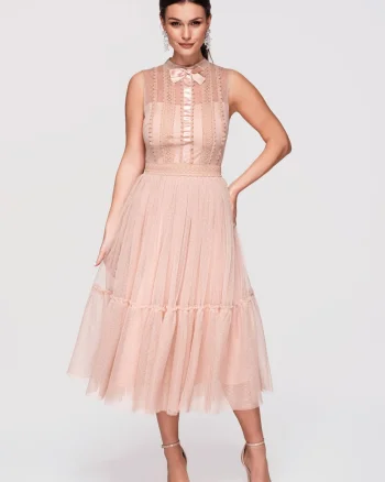 Rochie Midi Evazata cu Dantela si Guler Inalt, Rochie Eleganta de Ocazie, Nude