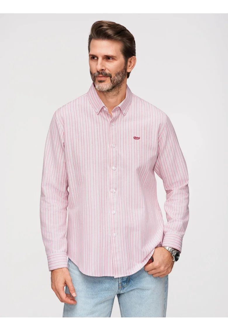 Camasa barbati, regular fit, bumbac 100%, cu guler button-down si model in dungi, Roz