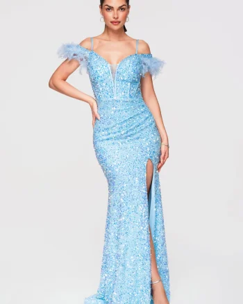 Rochie Maxi de Seara cu Paiete si Decolteu Inima, Croiala Tip Coloana, Albastru