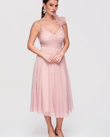LARICA Rochie Cocktail Midi Evazata cu Aplicatie din Tulle si Decolteu in V, Nude