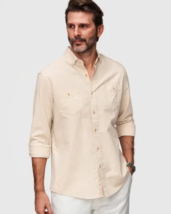 Camasa barbati bumbac-in Regular Fit Maneca Lunga cu Buzunare, Crem