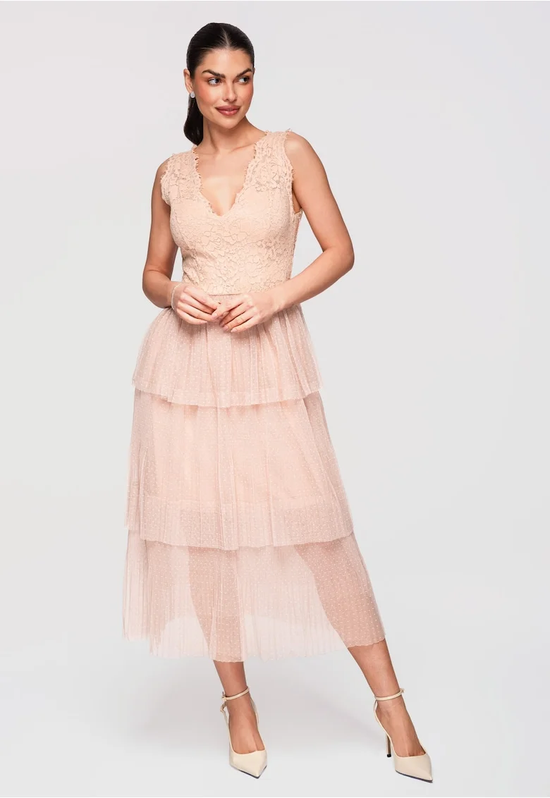 Rochie Cocktail Midi Dantela si Tulle Eleganta, Croiala Fit & Flare, Nude