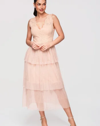 Rochie Cocktail Midi Dantela si Tulle Eleganta, Croiala Fit & Flare, Nude