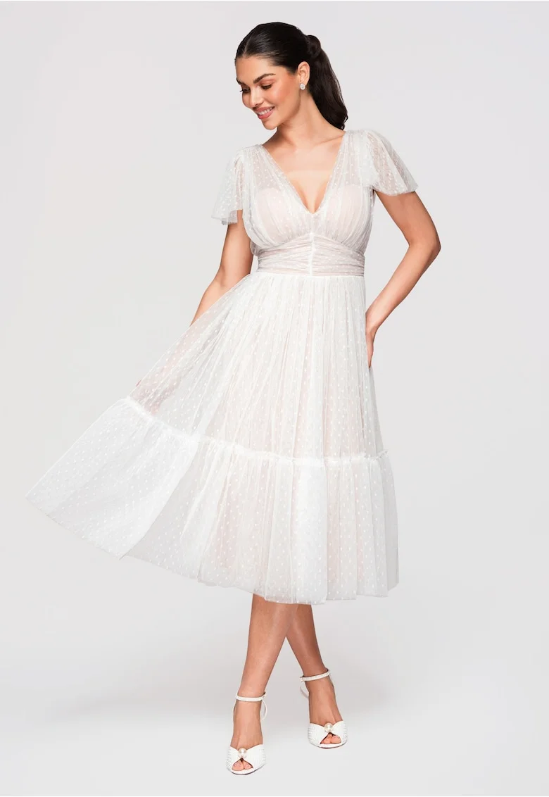LARICA Rochie Midi Evazata, cu Decolteu in V si Tulle cu Model Delicat, Alb