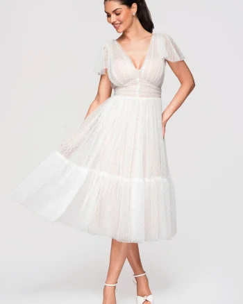 LARICA Rochie Midi Evazata, cu Decolteu in V si Tulle cu Model Delicat, Alb