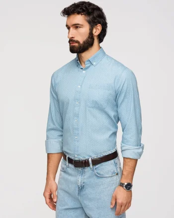Camasa Barbati Denim Regular Fit cu Guler Button Down, Albastru deschis