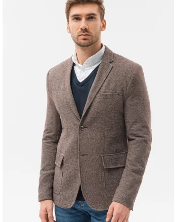 Sacou casual cu buzunare cu clapa, Maro melange
