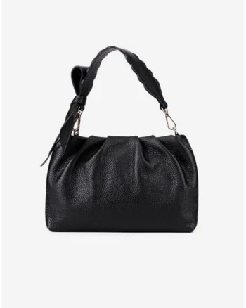 Poseta neagra din piele texturata cu ornament funda