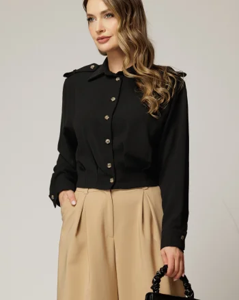 Camasa neagra casual scurta in talie cu epoleti pe umeri