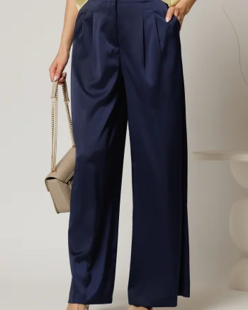 Pantaloni dama bleumarin din satin cu croi larg