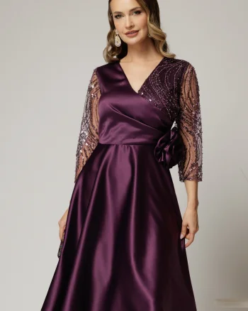 Rochie Azaleea midi mov din tafta cu paiete la bust si funda maxi in talie