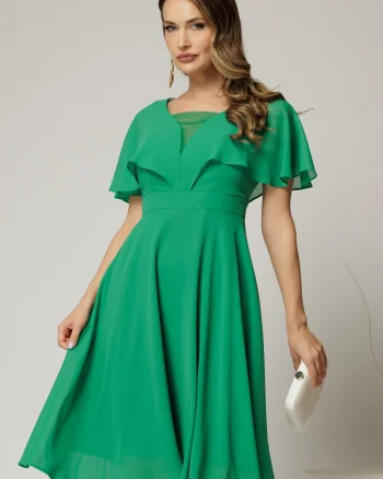 Rochie midi din voal verde cu maneci evazate si decolteu adanc
