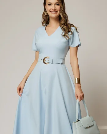 Rochie DY Fashion midi bleu cu decolteu in V si curea in talie