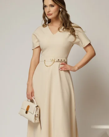Rochie DY Fashion midi bej cu decolteu in V si curea in talie
