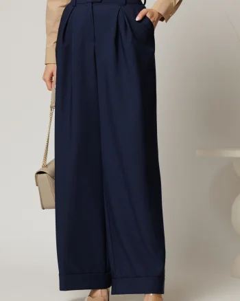 Pantaloni DY Fashion bleumarin cu croi lejer si talie lata