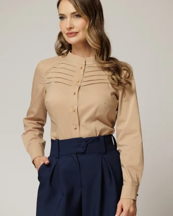 Camasa DY Fashion bej din poplin cu croi cambrat si nervuri pe bust