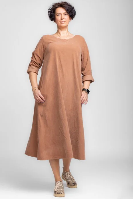 Rochie lunga din catifea reiata, A-line, camel