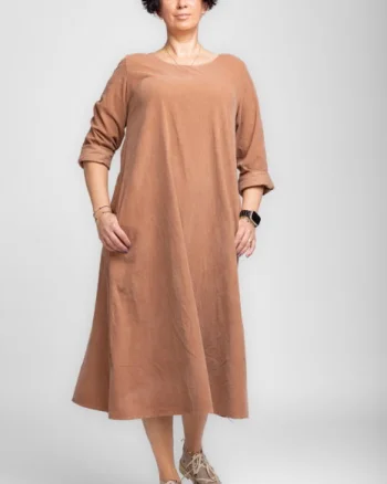 Rochie lunga din catifea reiata, A-line, camel