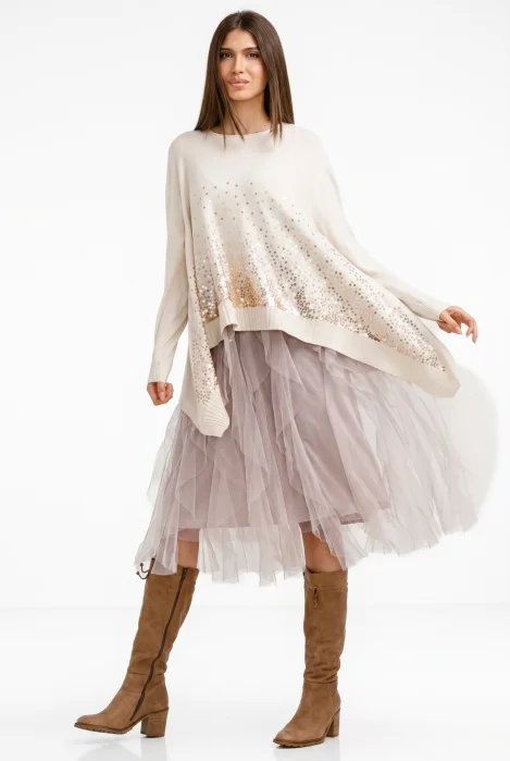 Rochie suprapusa din tulle cu volane suprapuse, cu pulover in colturi oversize cu ploaie de paiete, bej