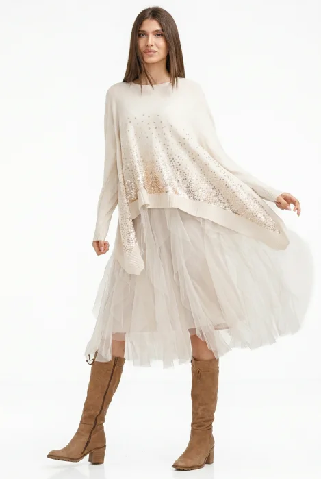 Rochie suprapusa din tulle plisat, cu pulover in colturi oversize cu ploaie de paiete, bej