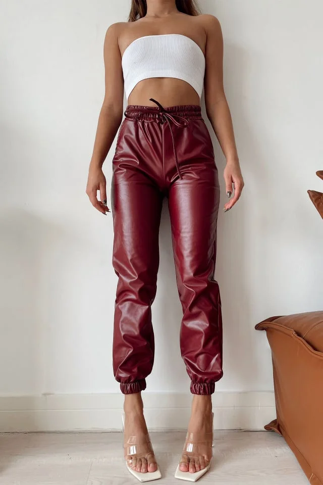 Pantaloni Jezebel, din piele ecologica, cu talie inalta si snur, Bordo