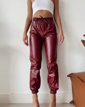 Pantaloni Jezebel, din piele ecologica, cu talie inalta si snur, Bordo