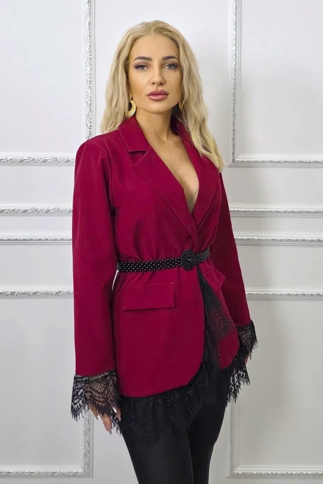 Rochie scurta sacou WALERIA, cu broderie neagra din dantela, Bordo, Marime S/M
