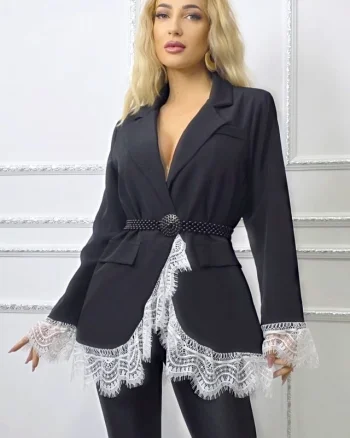 Rochie scurta sacou WALERIA, cu broderie alba din dantela, Negru, Marime S/M