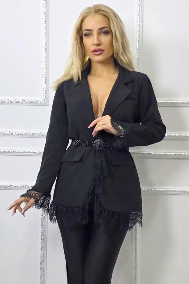 Sacou lung WALERIA, cu broderie neagra din dantela, Negru, Marime S/M
