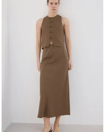 Fusta midi din amestec de in, Maro taupe