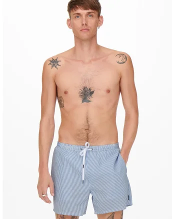 Pantaloni scurti de baie cu model in dungi, Alb/Albastru