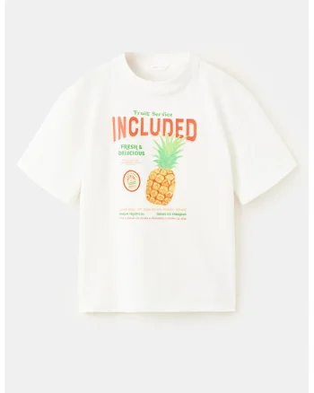 Tricou cu decolteu la baza gatului si imprimeu pe partea din fata, Alb