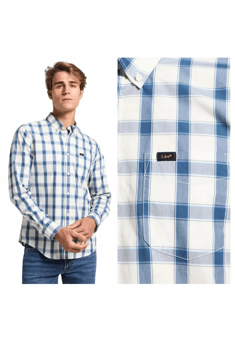 Camasa Barbati,  Button Down, Regular Fit, Cu Guler, Cu Nasturi, Desidwqfgn Clasic, Maneci Lungi, Bumbac, Albastru, Gri