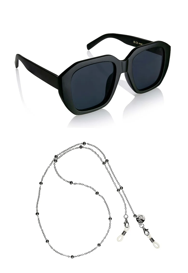 Ochelari de soare patrati unisex cu lant, Negru