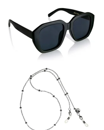 Ochelari de soare patrati unisex cu lant, Negru