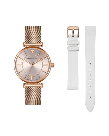 Ceas cu o curea de piele intersanjabila si diamant, Auriu rose/Alb optic