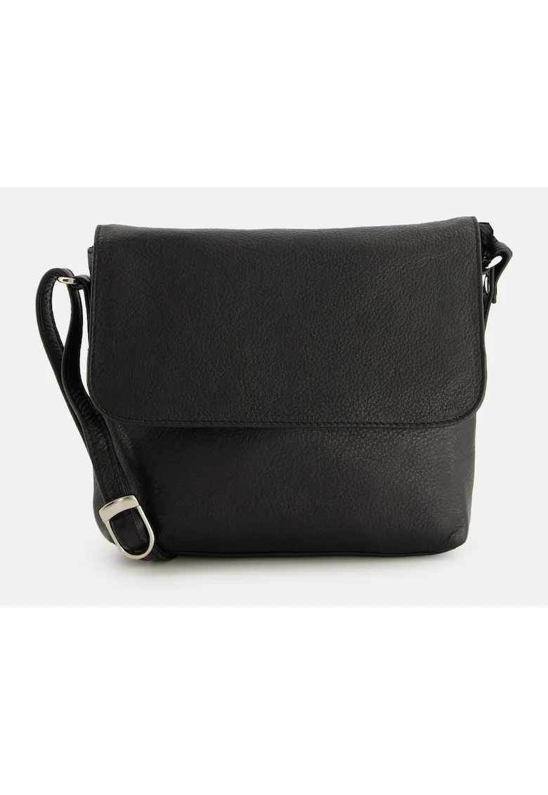 Geanta de umar  model Messenger, piele naturala, neagra, 18x20x5,5cm, cu 2 buzunare interioare si 2 exterioare.
