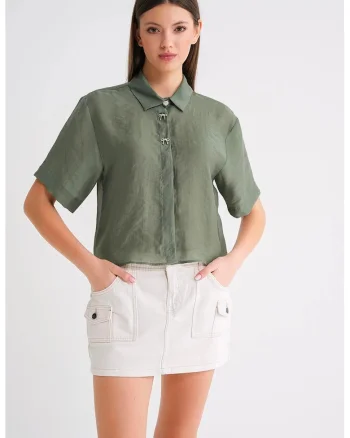 Camasa dama,  camasa scurta, verde kaki, textil