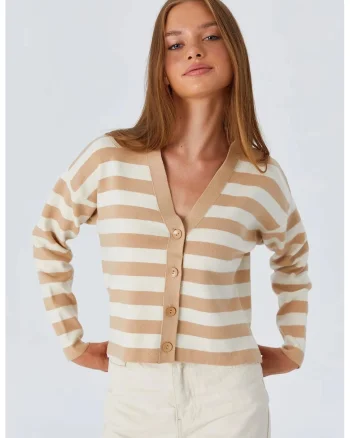 Cardigan dama,  cu dungi, decolteu in V, nasturi, natural, tricot,