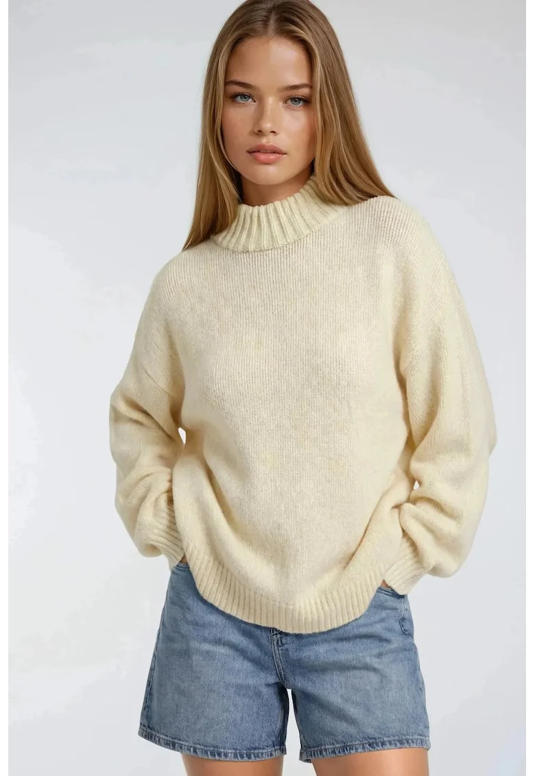 Pulover dama,  guler rotund, croiala lejera, bej, acril/poliester, One Size