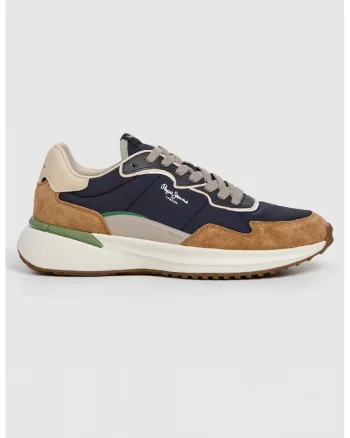 Pantofi sport cu garnituir de piele intoarsa, Caramel/Verde feriga/Bleumarin